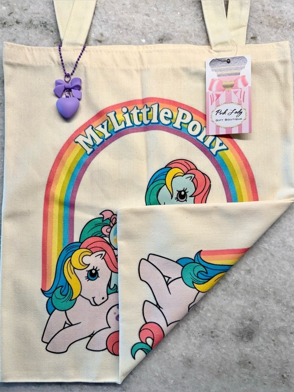 New My Little Pony Retro 80s Style Shopping Bag Purse Tote w/ Heart Charm - 16” - Picture 9 of 9
